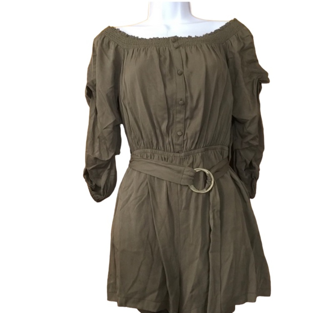 New Olive Off the Shoulder Belted Romper - Picture 2 of 5